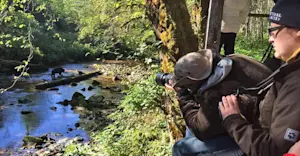 Nat Hab guests and black bear, Great Bear Rainforest, British Columbia.