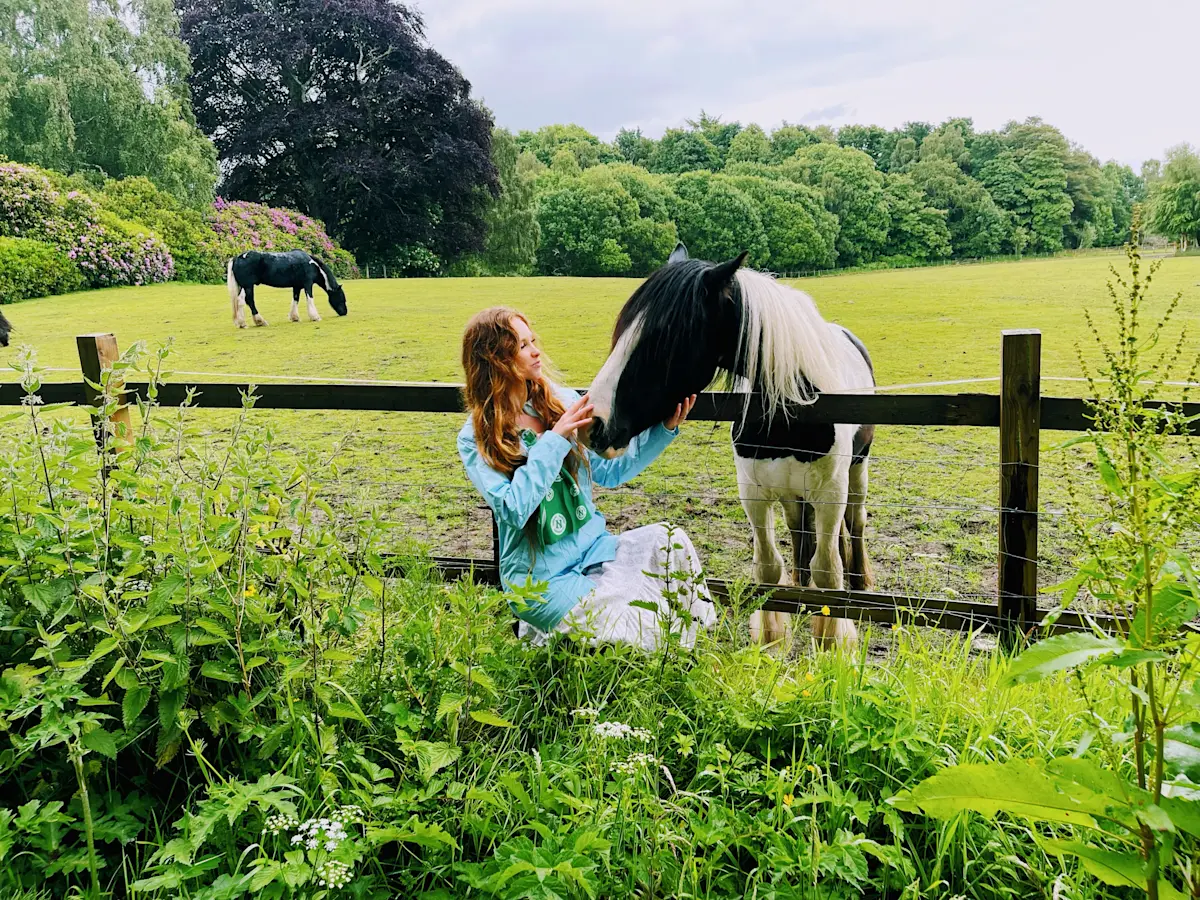 Greeting horses along the Fairy Trail at Coul House, our first stop before heading to the Scottish Highlands and the Isle of Skye.  