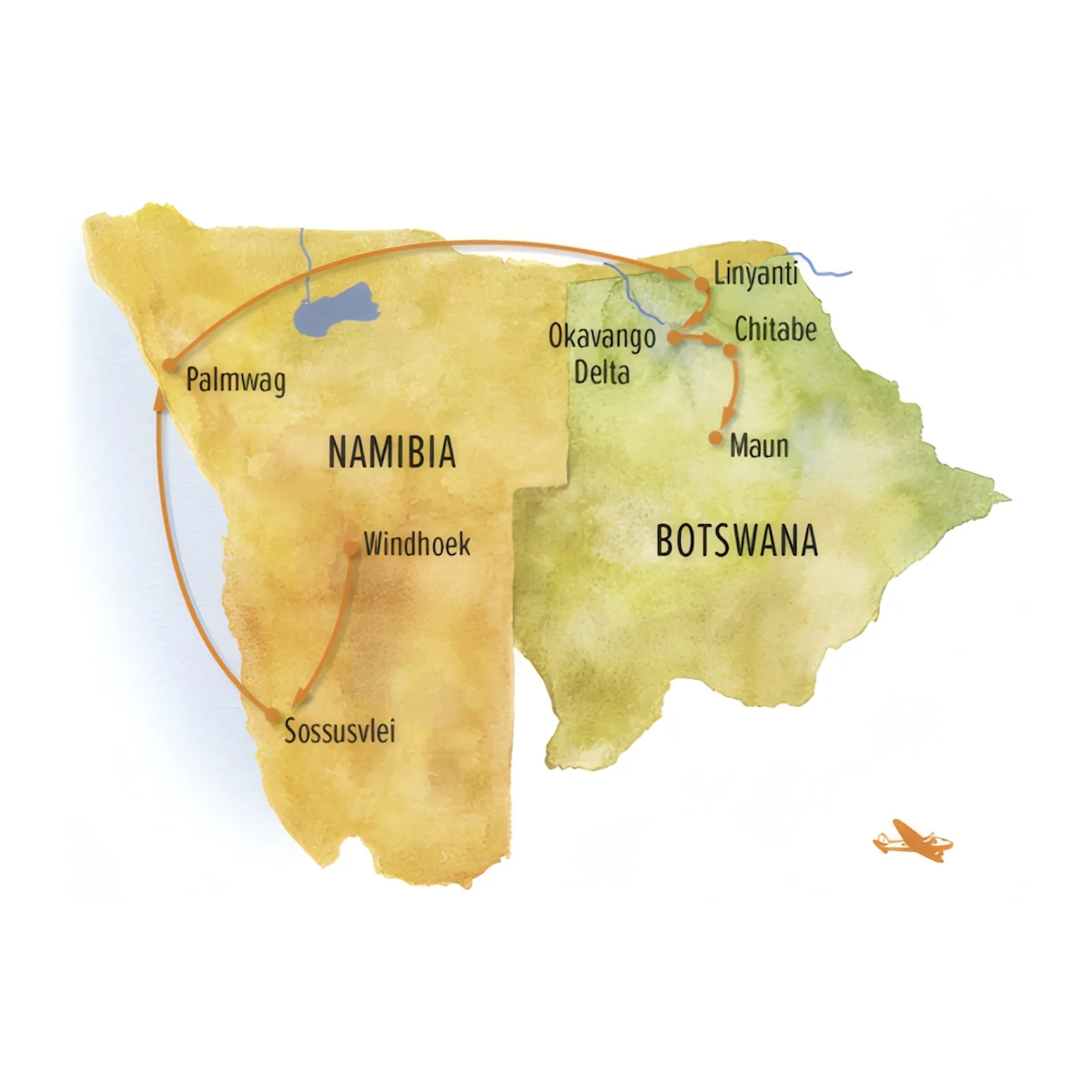 Trip map for Epic Botswana & Namibia Safari