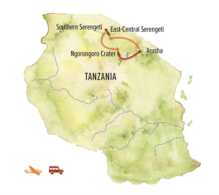 Trip map for Tanzania’s Great Migration & Ngorongoro Crater