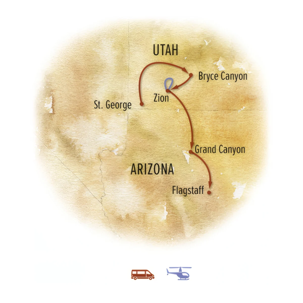 Trip map for Grand Canyon, Bryce & Zion