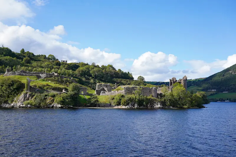 Urquhart Castle seen from the private Loch Ness cruise, Scotland.