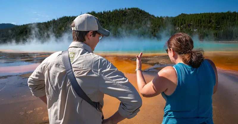 Nat Hab guest and Expedition Leader, Grand Prismatic, Yellowstone National Park, Wyoming.