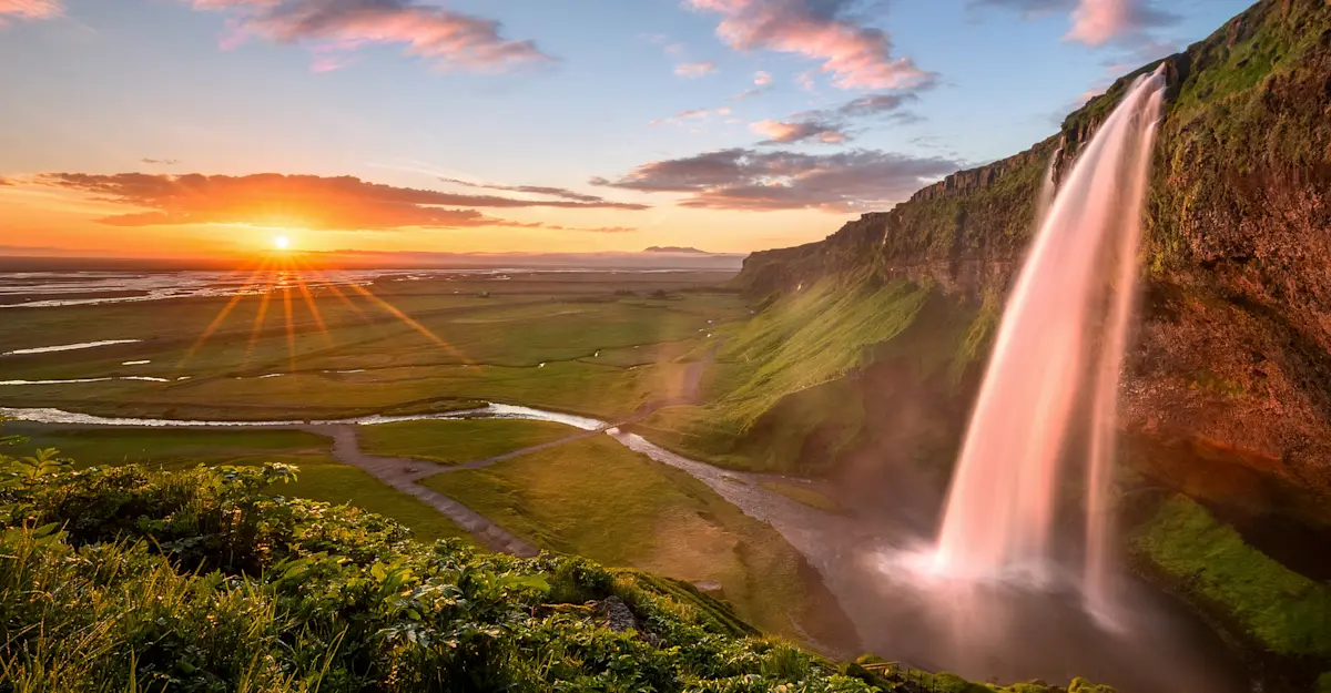 Sunset at Seljalandsfoss, Iceland.