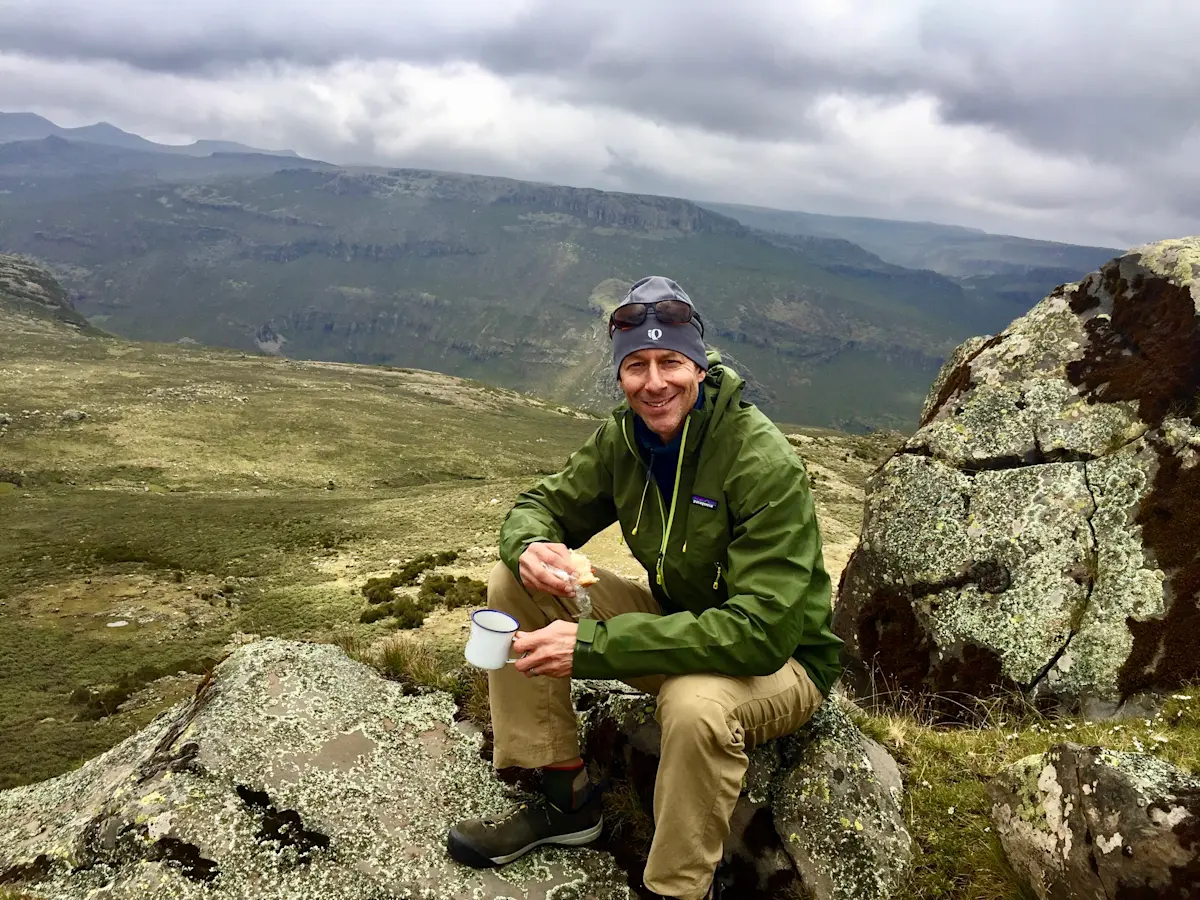 Tea and a snack at 13,000 ft in the Bale Mountains of Ethiopia.