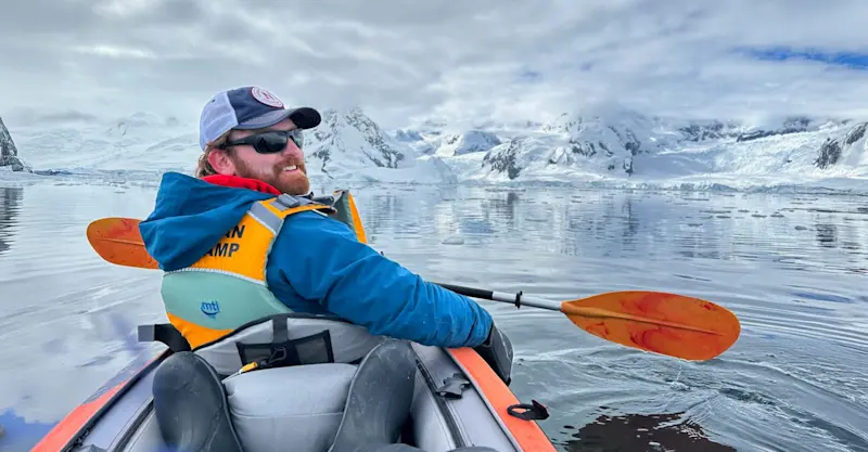Nat Hab guest kayaking, Antarctica.