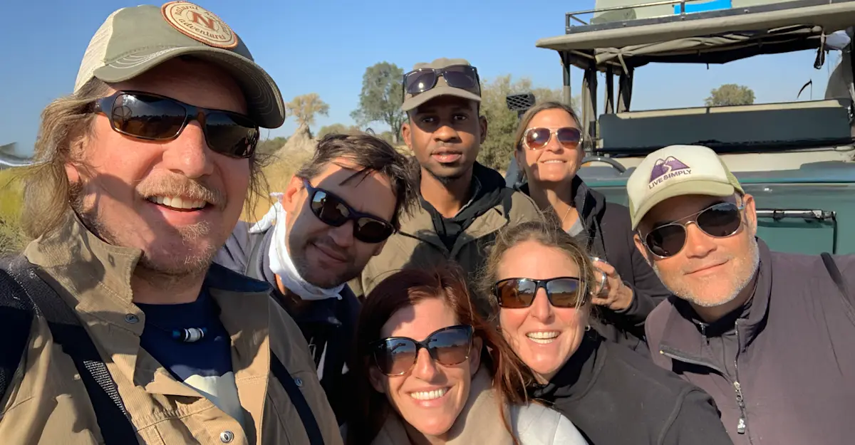 Exploring the Okavango Delta with lifelong buddies in Botswana.