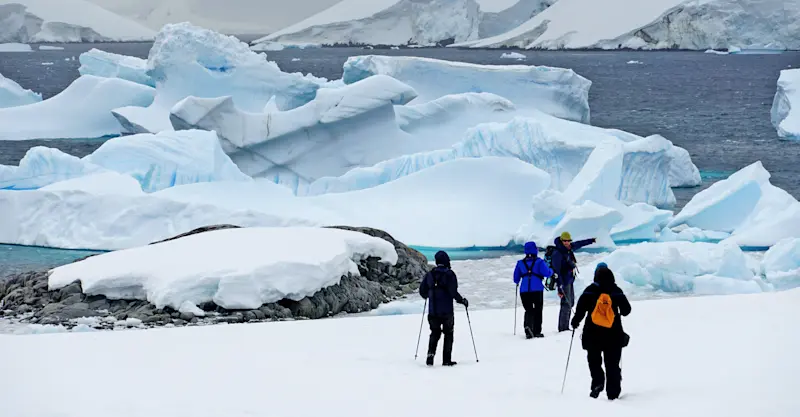 Nat Hab guests hiking, Antarctica.