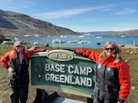 Suited up at base camp with Laura, heading out on our very first zodiac ride in Greenland.