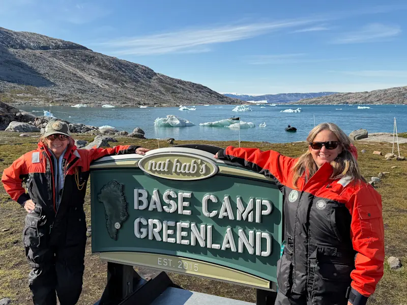 Suited up at base camp with Laura, heading out on our very first zodiac ride in Greenland.