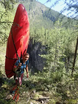 Hiking my kayak to a river in Siberia, Russia. 