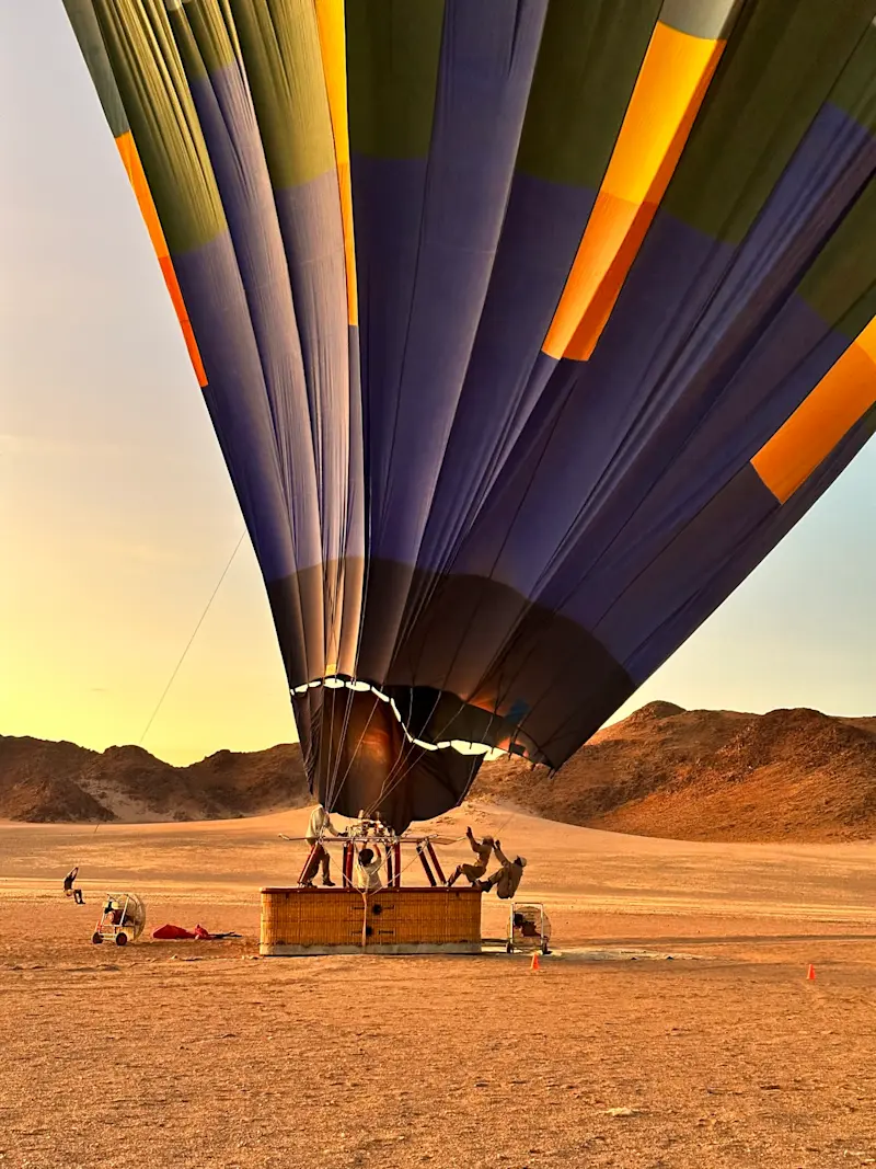 About to go hot air ballooning over the Sossusvlei dunes in Namibia.