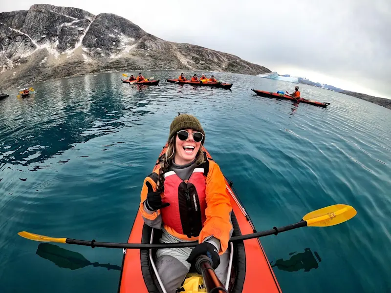 Going for a sea kayak right off the shore of our very own Base Camp in Greenland.