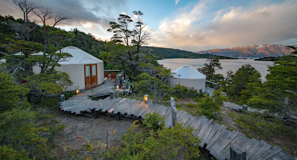 Walkway to guest yurt with lake view