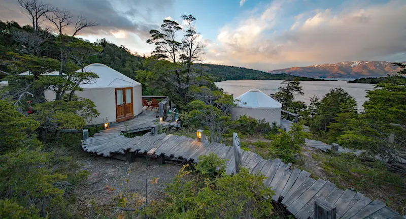 Walkway to guest yurt with lake view