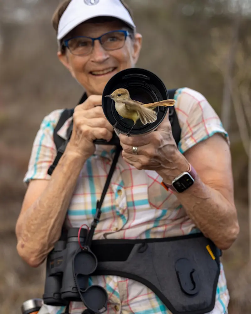 Nat Hab guest and Galapagos Flycatcher, Isabela Island, Galapagos, Ecuador.