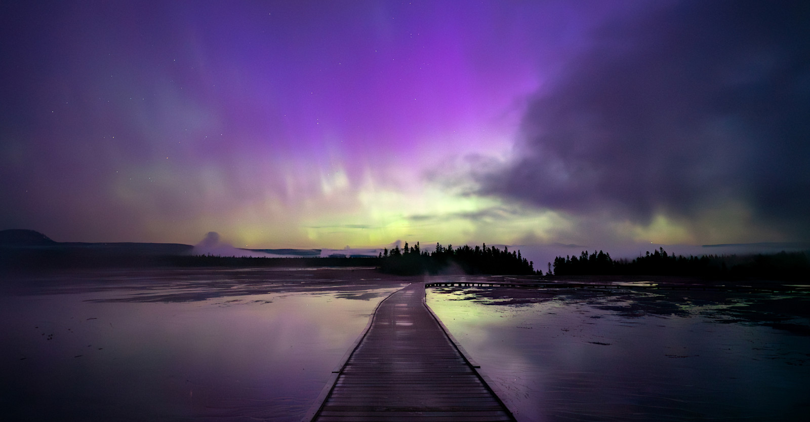Northern Lights over Grand Prismatic, Yellowstone National Park