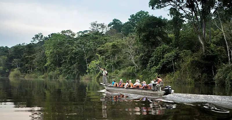 Nat Hab guests on boat, Pacaya Samiria National Reserve, Peru.
