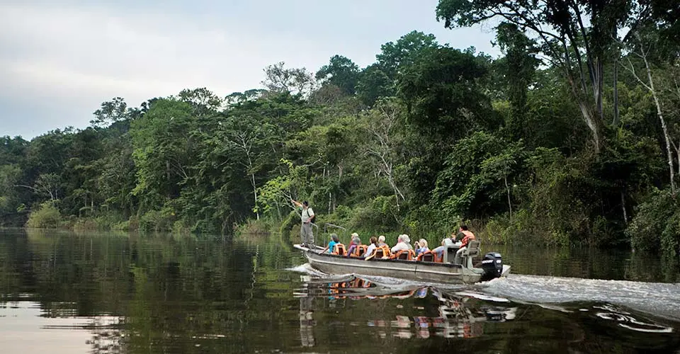 Nat Hab guests on boat, Pacaya Samiria National Reserve, Peru.