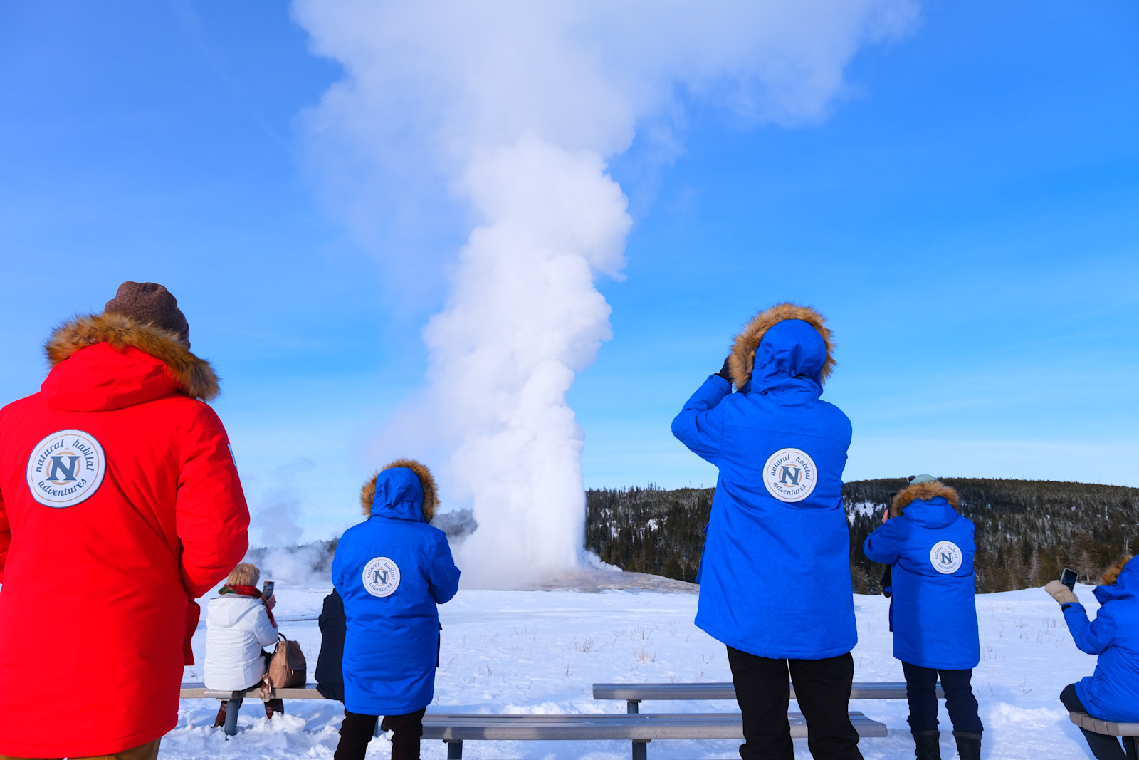 Nat Hab guests, Old Faithful geiser, Yellowstone National Park, Wyoming.