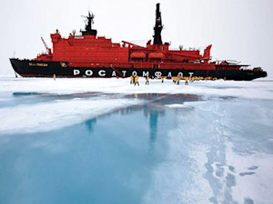Walking on ice, 50 Years of Victory, North Pole Expedition Ship