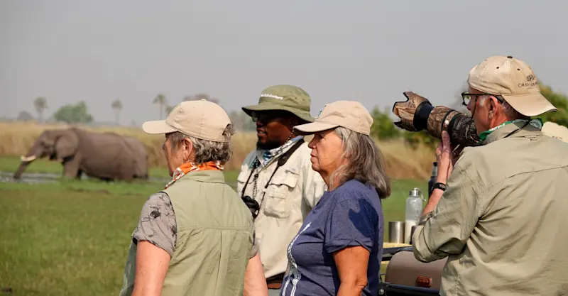 Nat Hab guests and elephants, Chobe National Park, Botswana.