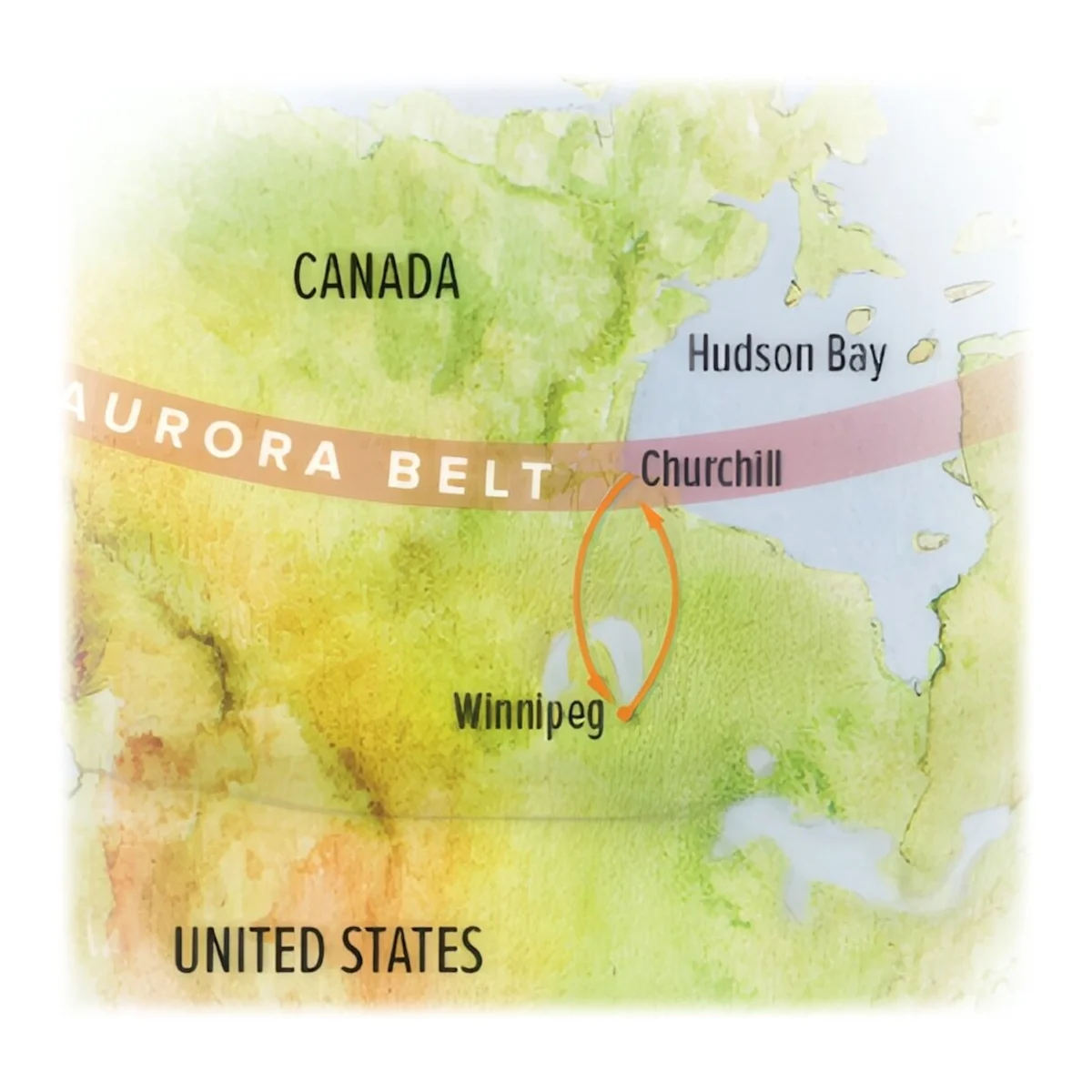Map of the route from Winnipeg to Churchill, which sits beneath the aurora belt
