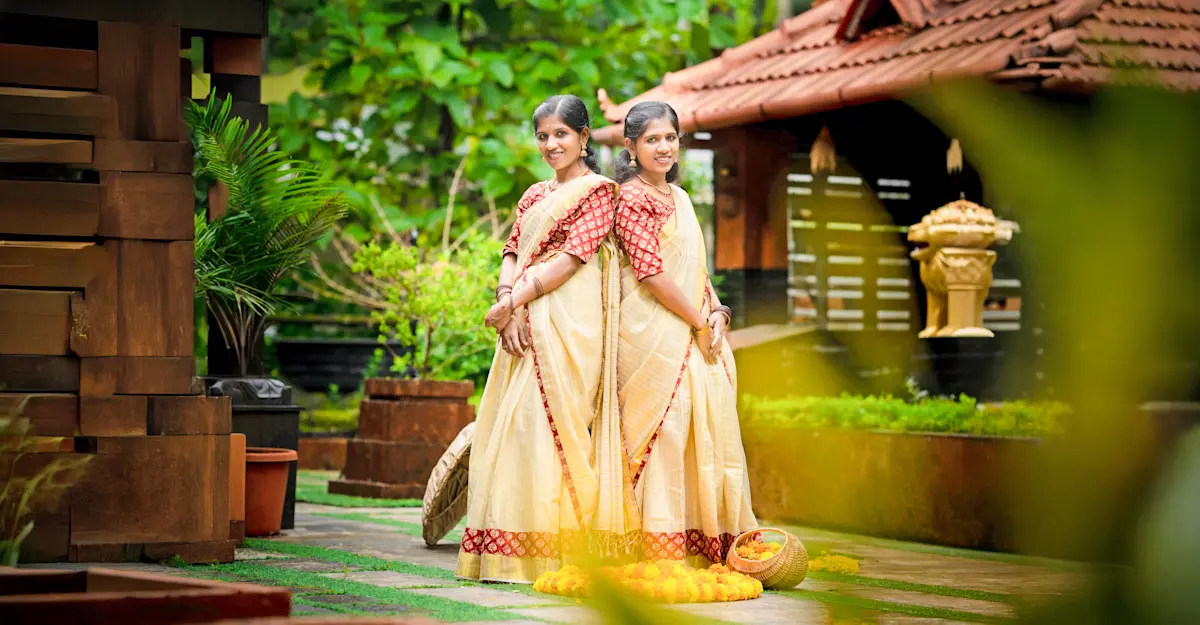 Women celebrating Onam, a 10-day annual harvest and cultural festival in Kerala, India.