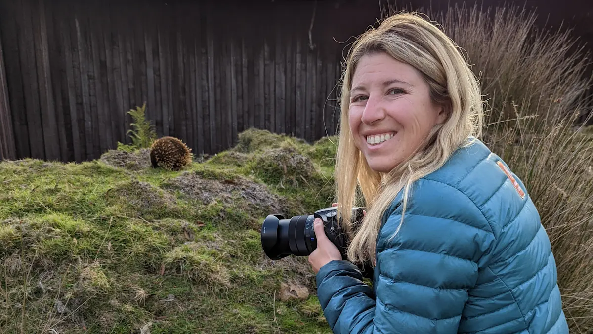 Nat Hab guest and echidna, Cradle Mountain National Park, Tasmania.