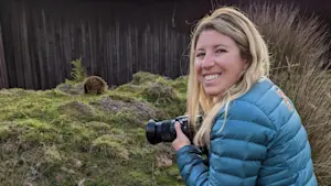 Nat Hab guest and echidna, Cradle Mountain National Park, Tasmania.