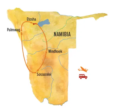 Trip map for Wild Namibia Desert Safari
