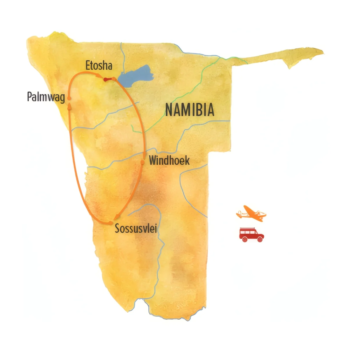 Trip map for Wild Namibia Desert Safari