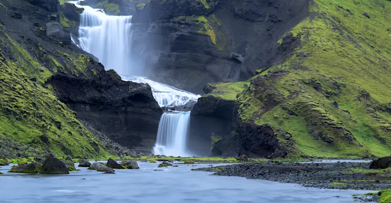 Ofaerufoss waterfall, Eldgja Canyon, Iceland.