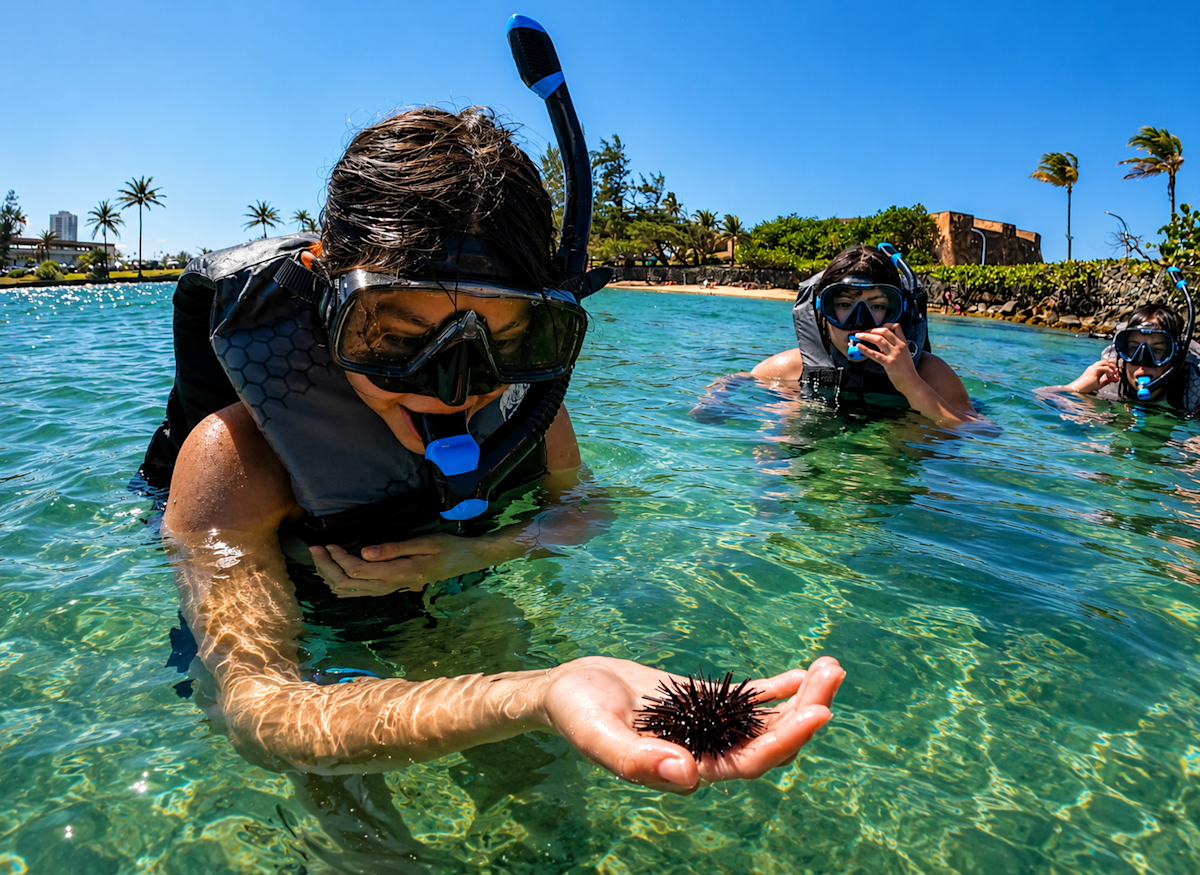 Snorkeling for sea urchins and sea turtles in San Jaun, Puerto Rico.