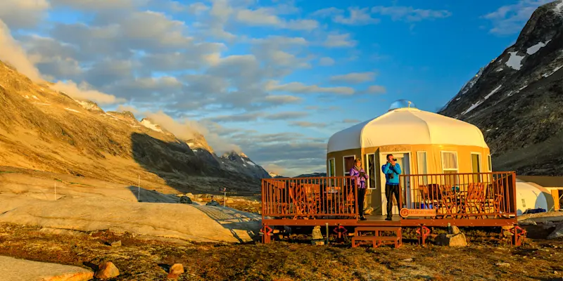  Nat Hab guests at the Explorer's Corner, Nat Hab's Base Camp Greenland.