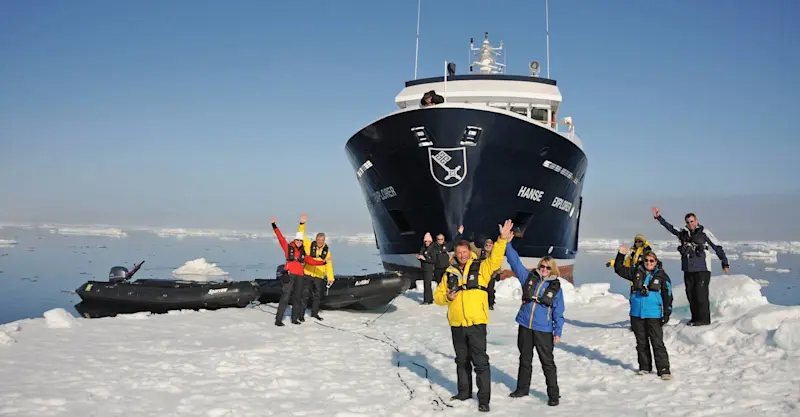 Nat Hab guests and the Hanse Explorer, Antarctica.