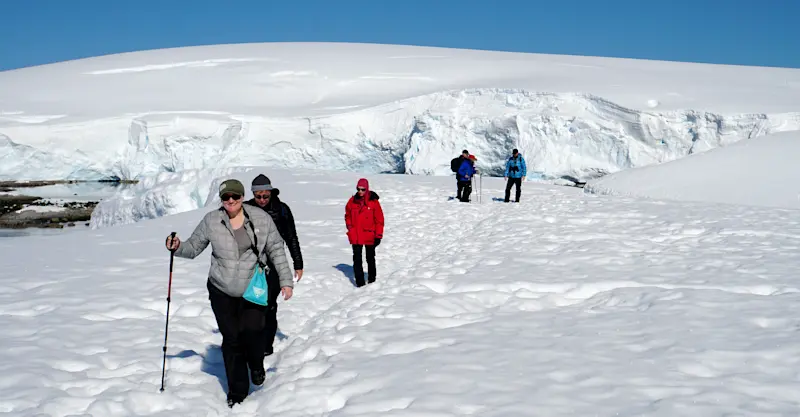 Nat Hab guests hiking, Antarctica.