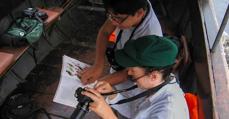 Earthwatch guests identify birds, Amazon, Peru.