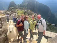 Hiking with friends and enjoying a visit from the llamas and alpacas in Machu Picchu, Peru.