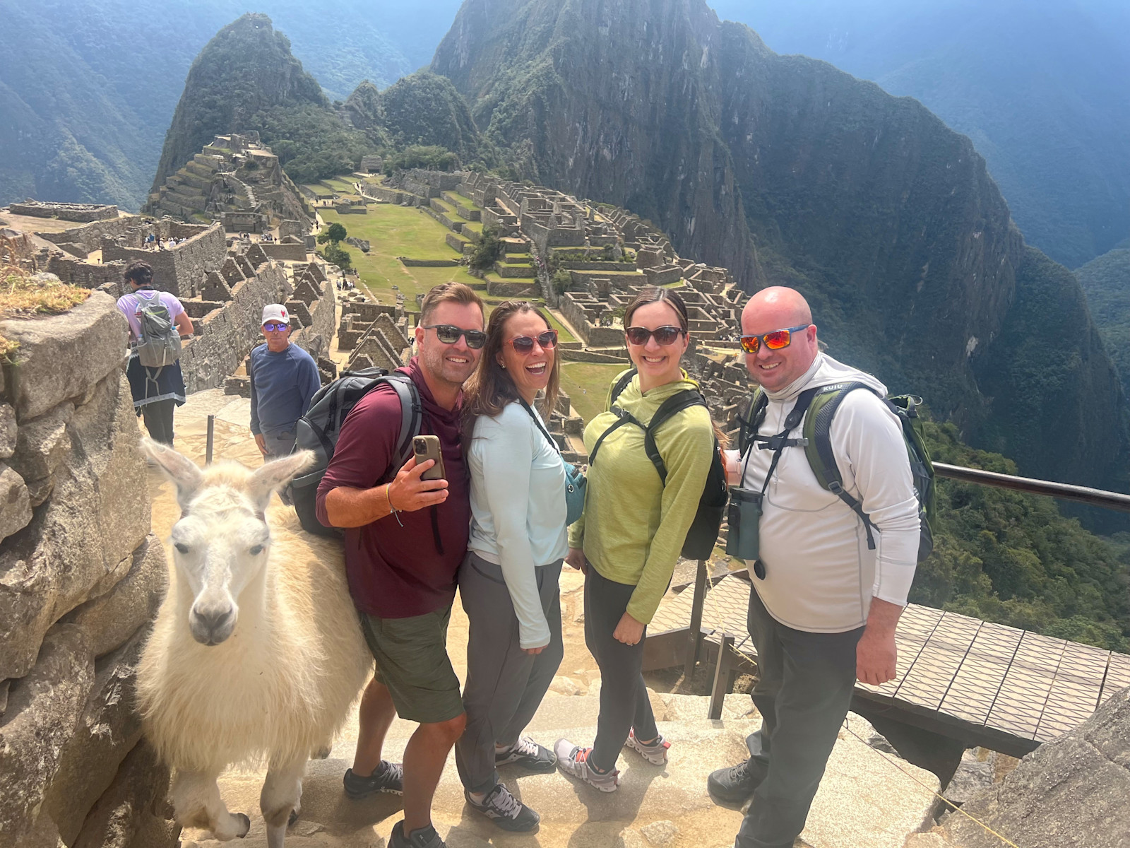 Hiking with friends and enjoying a visit from the llamas and alpacas in Machu Picchu, Peru.
