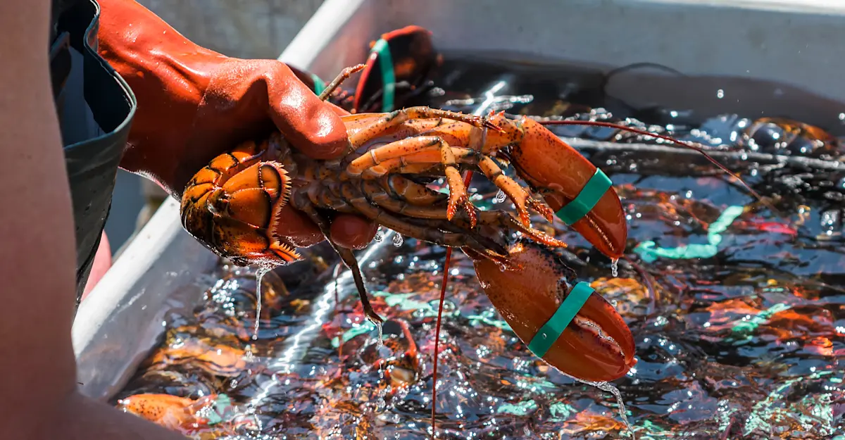 Fisherman with lobster, Acadia National Park, Maine.