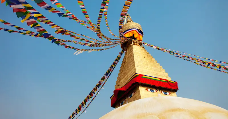 A stupa in Kathmandu look upon the city in Kathmandu, Nepal.