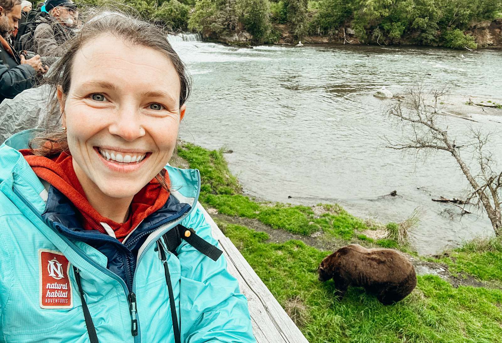 A selfie with the famous chunk in Brooks Falls, Alaska.