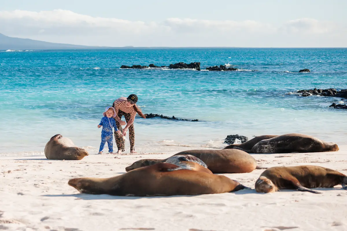 Guests and sea lions, Galapagos, Ecuador.