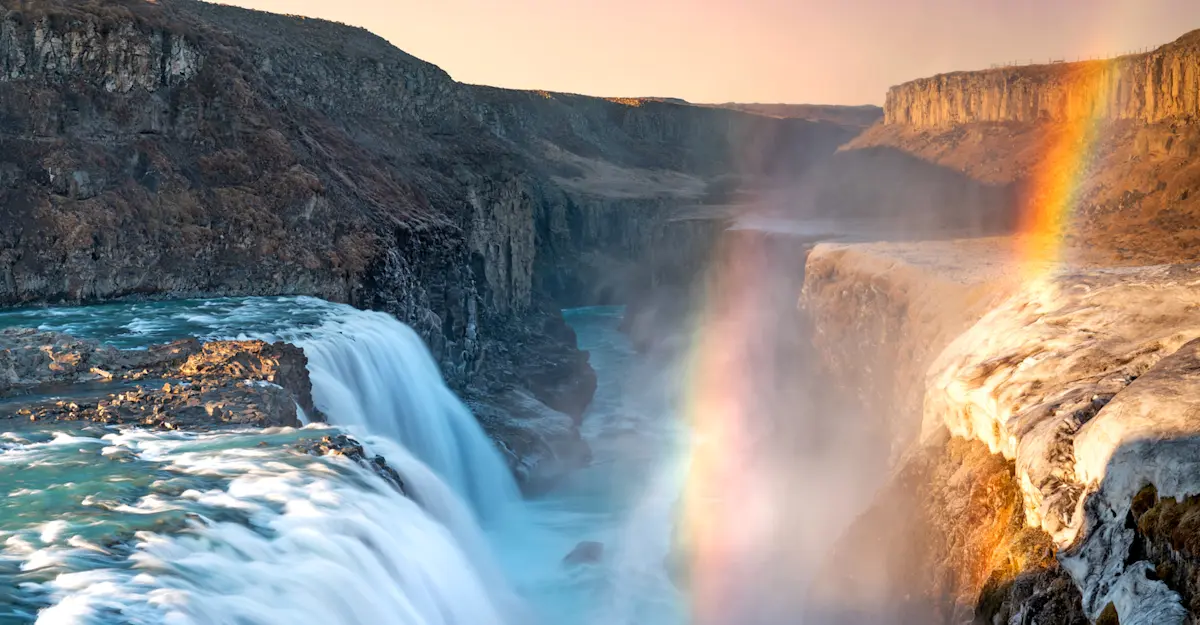 Rainbow over Gullfoss waterfall, Iceland.