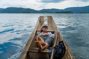 Canoeing around Lake Bunyoni, Uganda.