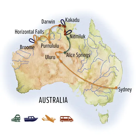 Trip map for Australia North: Kakadu, Kimberley & the Outback