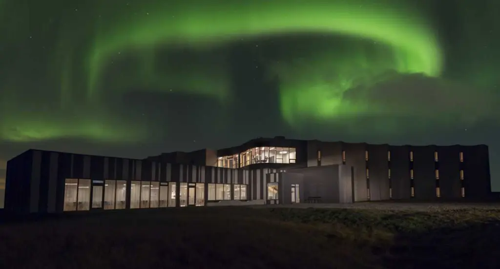 Hotel exterior under the Northern Lights