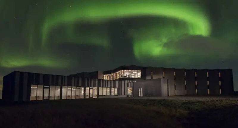 Hotel exterior under the Northern Lights