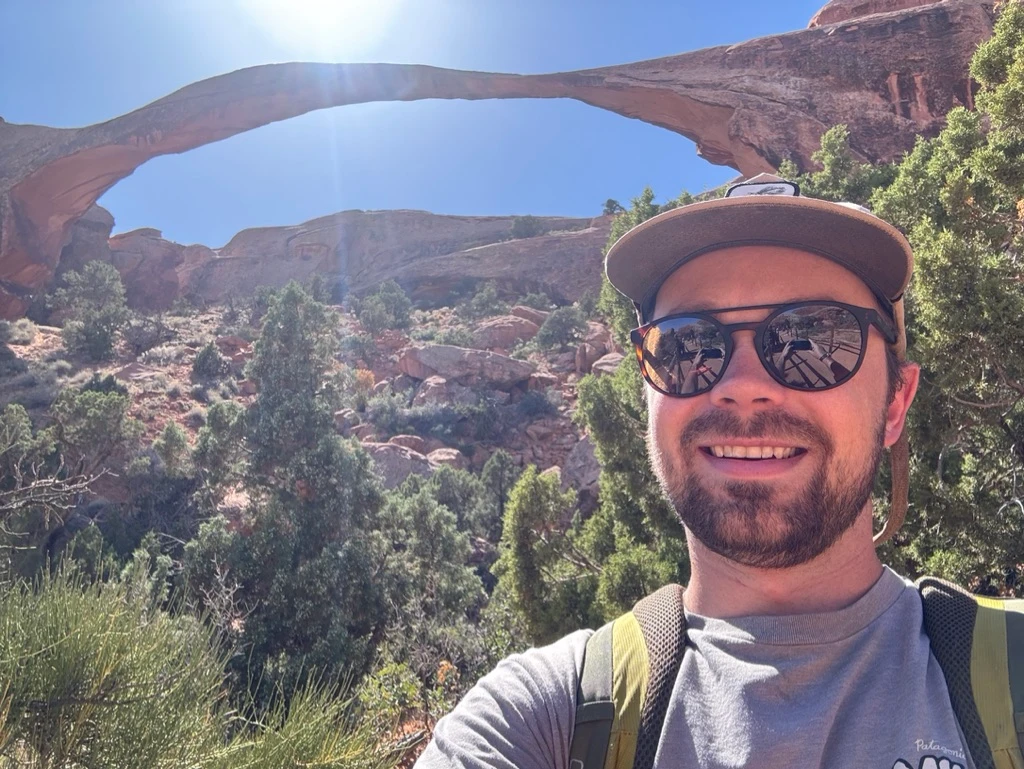 Beneath the span of Landscape Arch, Arches National Park, Utah.